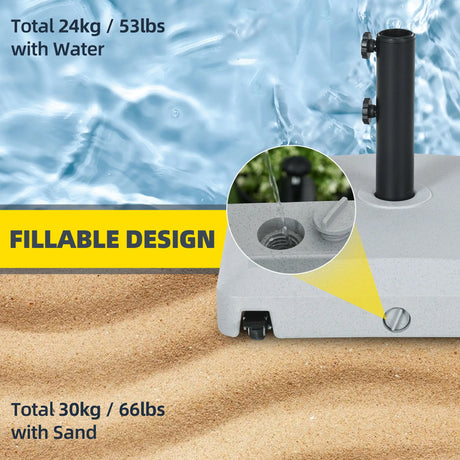 Outsunny Garden Parasol Base Holder, 24kg Water or 30kg Sand Filled, Outdoor Market Umbrella Stand Weight with Wheels and Brakes, Grey