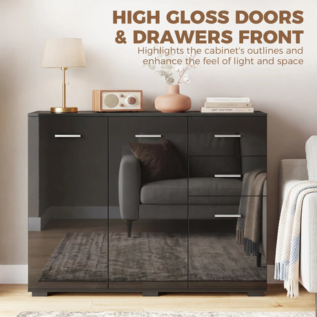 HOMCOM Sideboard, Modern Storage Cabinet with 2 Drawers, 3 Doors and Adjustable Shelves, High Gloss Black