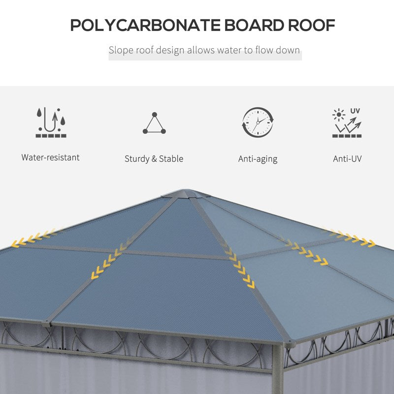 Outsunny 3 x 3(m) Hardtop Gazebo Canopy with Polycarbonate Roof, Permanent Pavilion Garden Gazebo with Curtains for Patio, Deck, Grey