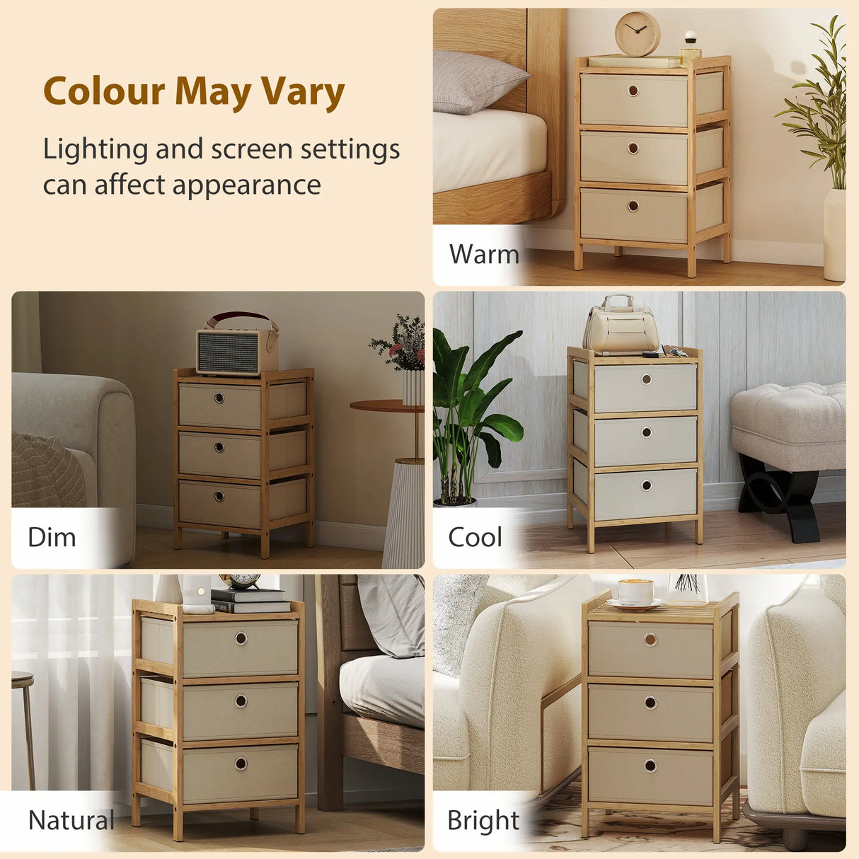 HOMCOM Chest of Drawers, 3 Fabric Drawers Narrow Dresser with Bamboo Frame, Cream White