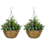 Outsunny Set of Two Artificial Hanging Lisianthus Flower Pots - Purple