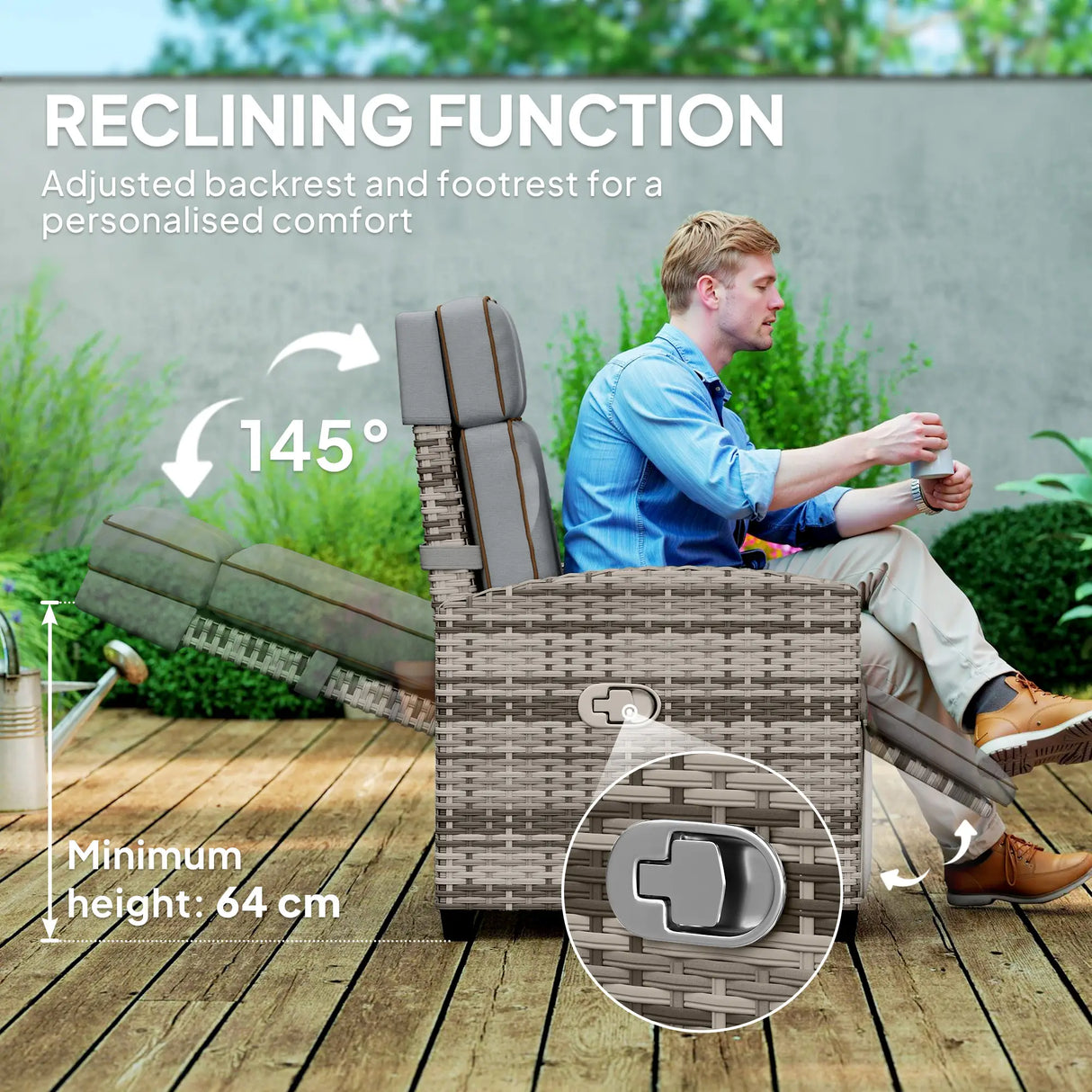 Outsunny 145 Reclining Rattan Armchair, with Footrest - Mixed Grey/Grey