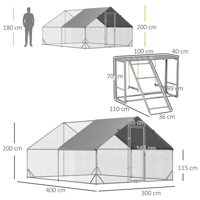 PawHut Walk In Chicken Run with Chicken Activity Shelf and Cover, 3 x 4 x 2m