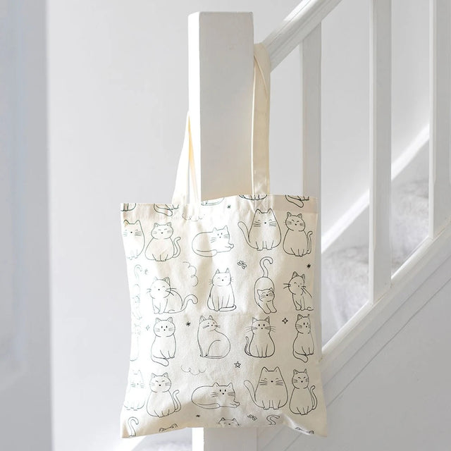 White Cat Print Polycotton Tote Bag