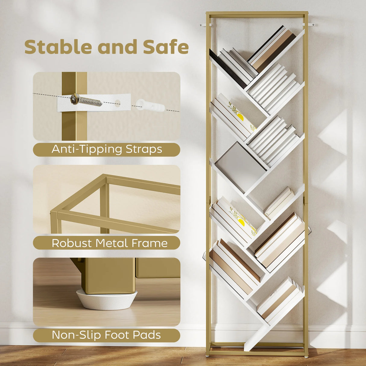 HOMCOM 10 Shelf Modern-Style Bookshelf - Gold Tone/White