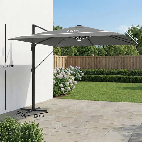 Outsunny 3 x 3 m Garden Cantilever Parasol with Light, Cover, Overhanging Umbrella w/ Wind Protection, 360 Rotation, Light Grey