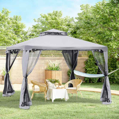 Outsunny 3 x 3 m Metal Gazebo, Garden Pavillion, Double Roof Outdoor Canopy Shelter with Mesh Sidewalls, Grey