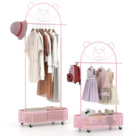 Kid Home Freestanding Clothes Rack on Wheels with 3 Adjustable Heights-Pink