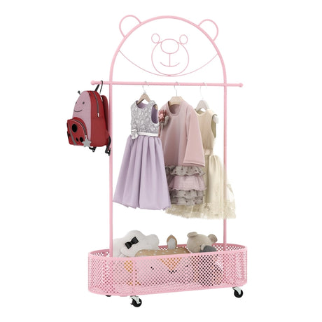 Kid Home Freestanding Clothes Rack on Wheels with 3 Adjustable Heights-Pink