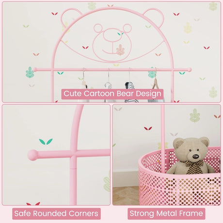 Kid Home Freestanding Clothes Rack on Wheels with 3 Adjustable Heights-Pink