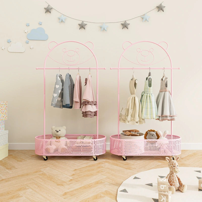 Kid Home Freestanding Clothes Rack on Wheels with 3 Adjustable Heights-Pink