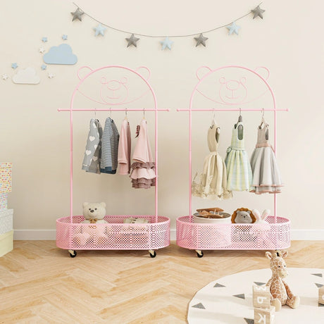 Kid Home Freestanding Clothes Rack on Wheels with 3 Adjustable Heights-Pink