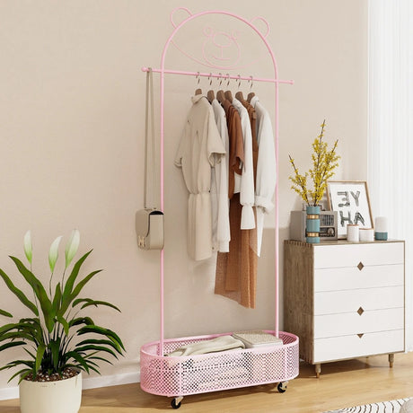 Kid Home Freestanding Clothes Rack on Wheels with 3 Adjustable Heights-Pink