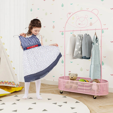 Kid Home Freestanding Clothes Rack on Wheels with 3 Adjustable Heights-Pink