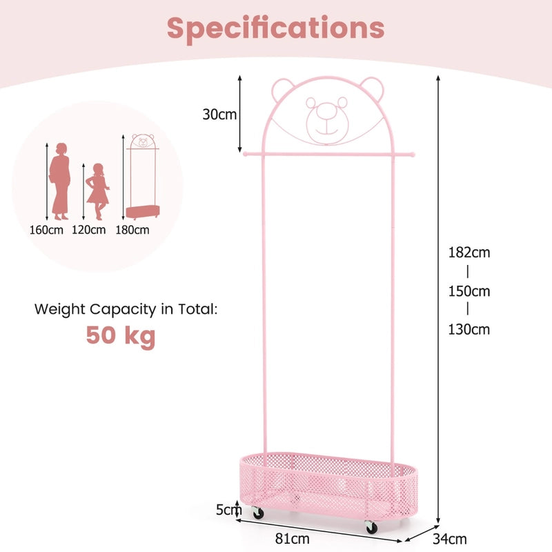 Kid Home Freestanding Clothes Rack on Wheels with 3 Adjustable Heights-Pink