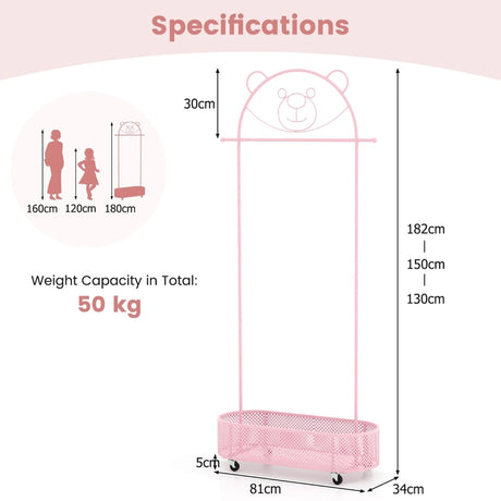 Kid Home Freestanding Clothes Rack on Wheels with 3 Adjustable Heights-Pink