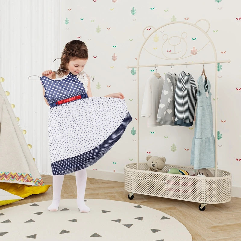 Kid Home Freestanding Clothes Rack on Wheels with 3 Adjustable Heights-White