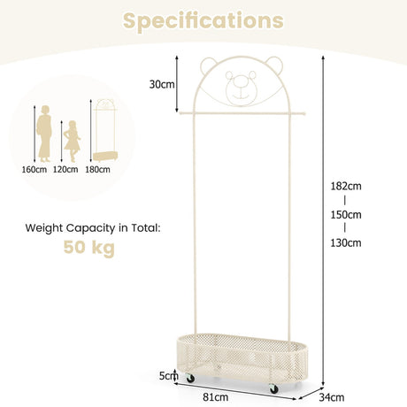 Kid Home Freestanding Clothes Rack on Wheels with 3 Adjustable Heights-White