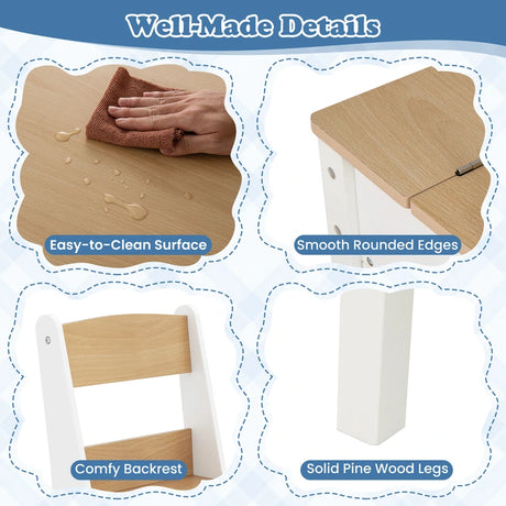 Kids Art Table and 2 Chairs Set with Paper Roll and Storage Shelves-Natural