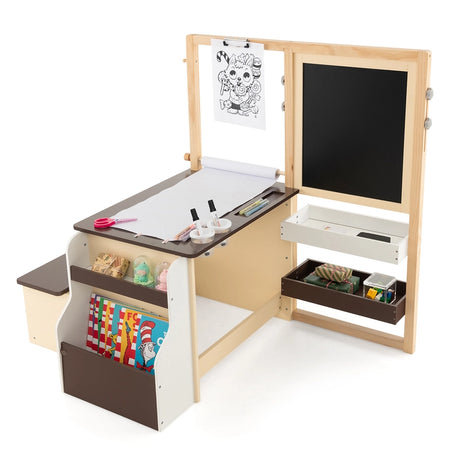 Kids Art Center Wooden Table Bench Set-Brown