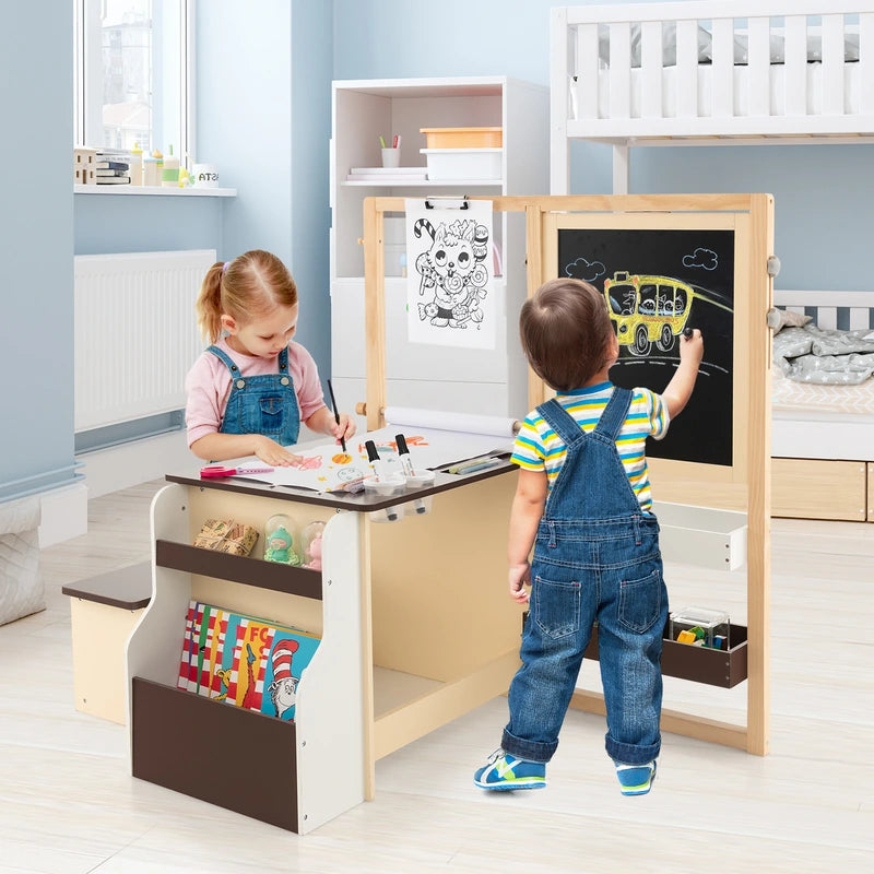 Kids Art Center Wooden Table Bench Set-Brown