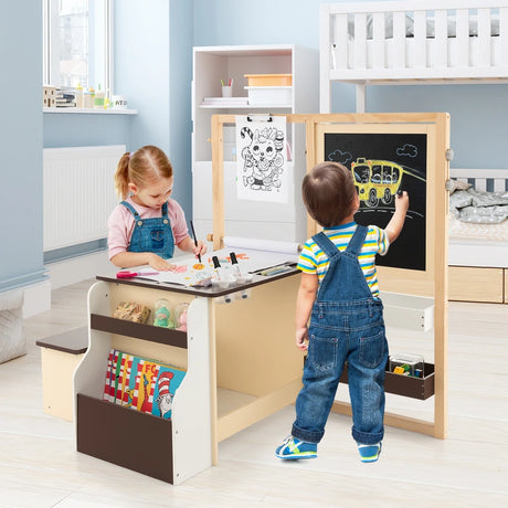 Kids Art Center Wooden Table Bench Set-Brown