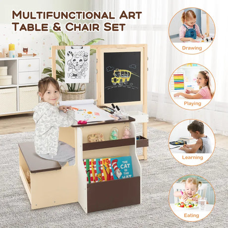 Kids Art Center Wooden Table Bench Set-Brown