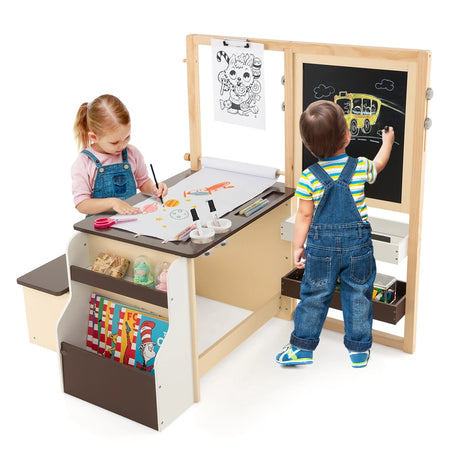 Kids Art Center Wooden Table Bench Set-Brown