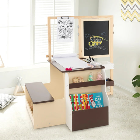 Kids Art Center Wooden Table Bench Set-Brown