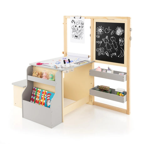 Kids Art Center Wooden Table Bench Set-Gray