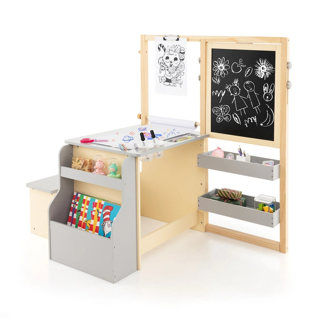 Kids Art Center Wooden Table Bench Set-Gray