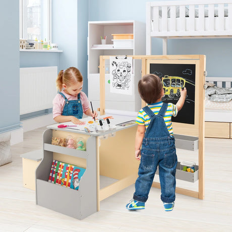 Kids Art Center Wooden Table Bench Set-Gray
