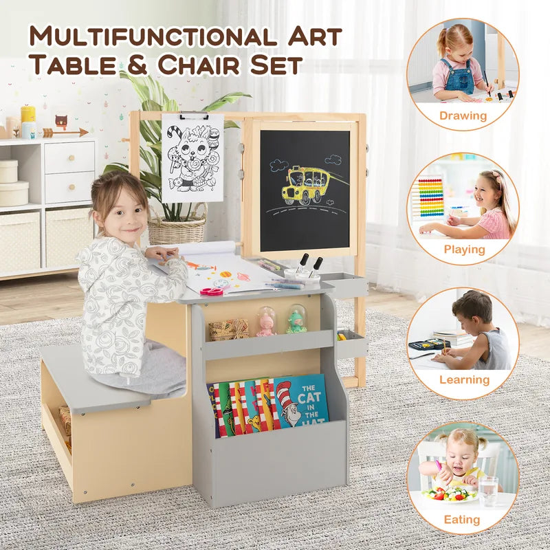 Kids Art Center Wooden Table Bench Set-Gray