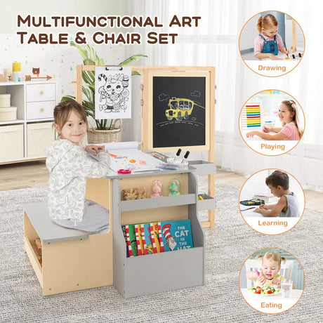Kids Art Center Wooden Table Bench Set-Gray