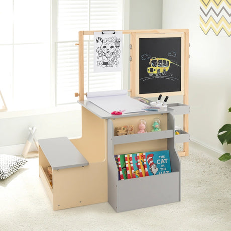 Kids Art Center Wooden Table Bench Set-Gray