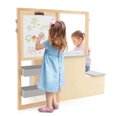 Kids Art Center Wooden Table Bench Set-Gray