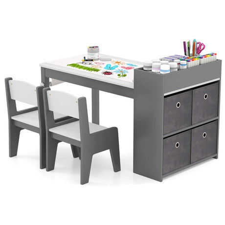 Kids Art Table and Chairs Set with 2 Chairs and Paper Roll-Gray