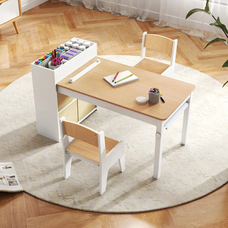 Kids Art Table and Chairs Set with 2 Chairs and Paper Roll-Natural