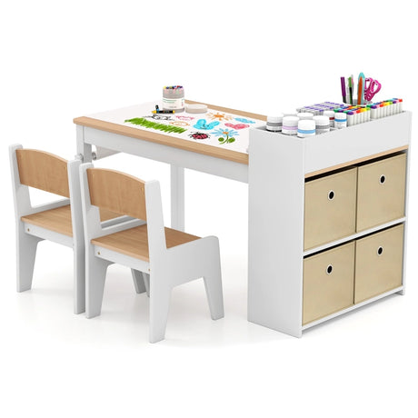 Kids Art Table and Chairs Set with 2 Chairs and Paper Roll-Natural