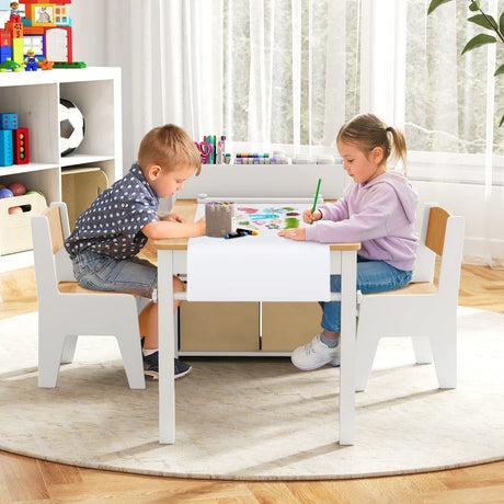 Kids Art Table and Chairs Set with 2 Chairs and Paper Roll-Natural