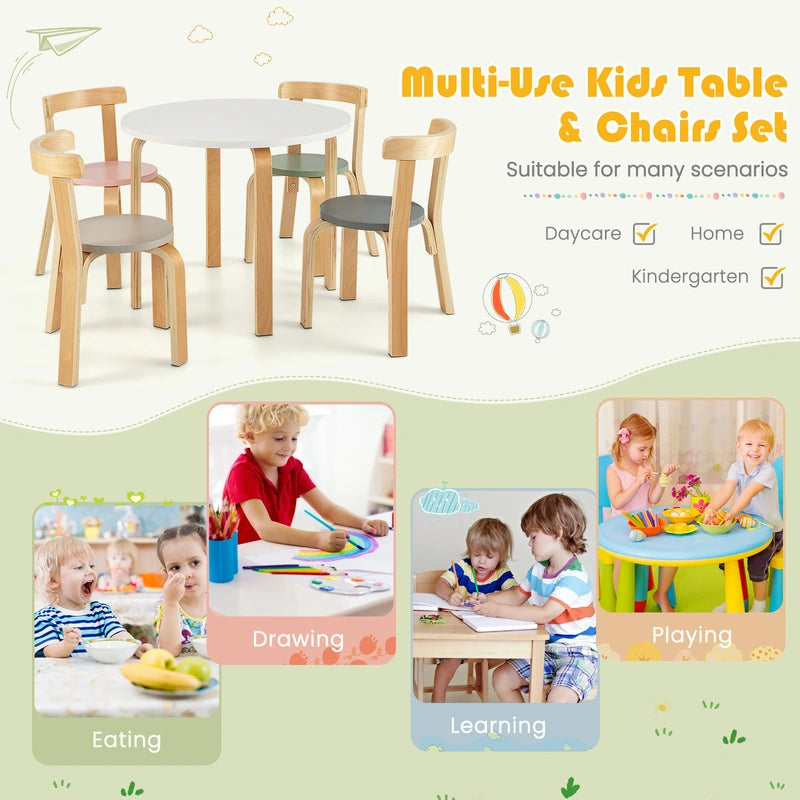 Children&#39;s Table Wooden Table with 4 Children&#39;s Chairs Children&#39;s Table and Chair Set with Backrest Colorful