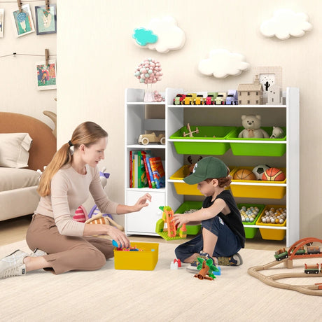 Kids Bookshelf Toy Storage Organizer with Storage Boxes and Open Shelves-Multicolor