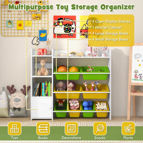Kids Bookshelf Toy Storage Organizer with Storage Boxes and Open Shelves-Multicolor