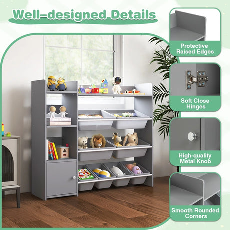 Kids Bookshelf Toy Storage Organizer with Storage Boxes and Open Shelves-Grey