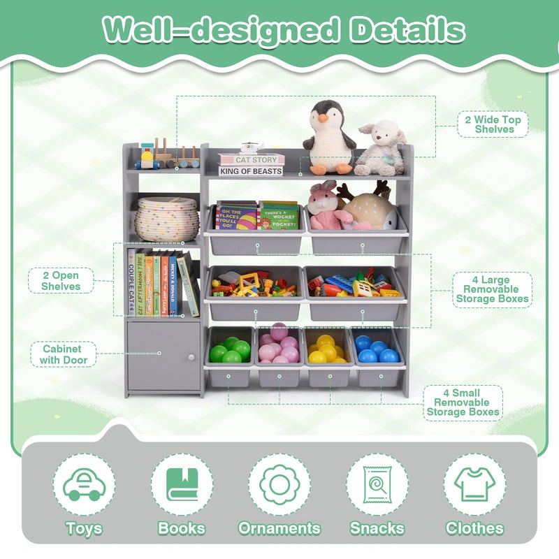 Kids Bookshelf Toy Storage Organizer with Storage Boxes and Open Shelves-Grey