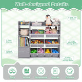 Kids Bookshelf Toy Storage Organizer with Storage Boxes and Open Shelves-Grey