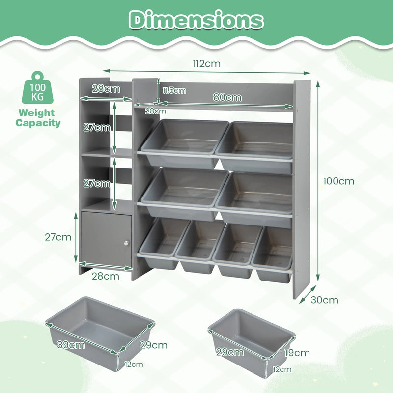 Kids Bookshelf Toy Storage Organizer with Storage Boxes and Open Shelves-Grey
