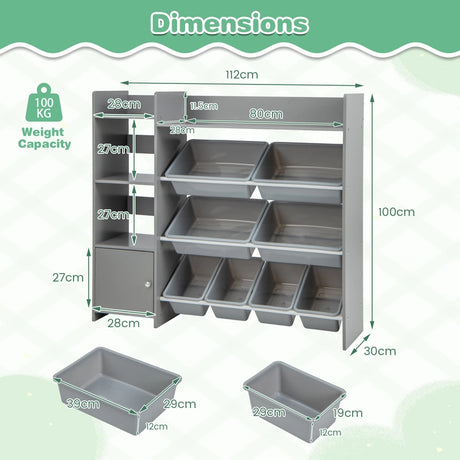 Kids Bookshelf Toy Storage Organizer with Storage Boxes and Open Shelves-Grey