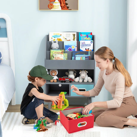 Kids Bookshelf Book Display Rack with 3-Tier Bookshelves and 2 Drawers-Grey
