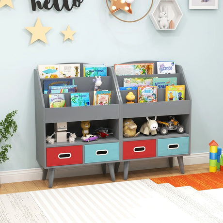 Kids Bookshelf Book Display Rack with 3-Tier Bookshelves and 2 Drawers-Grey